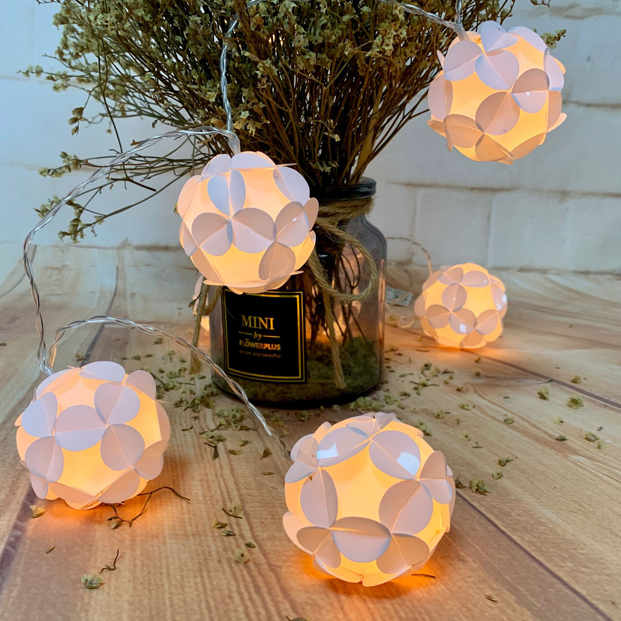10L fairy light with pvc flower ball( dia. 6cm), indoor &outdoor use